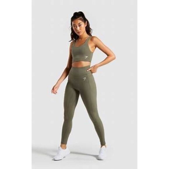 Gymshark Training Tights Mesh Side Pockets Leggings Army Green Size Medium - Picture 1 of 13